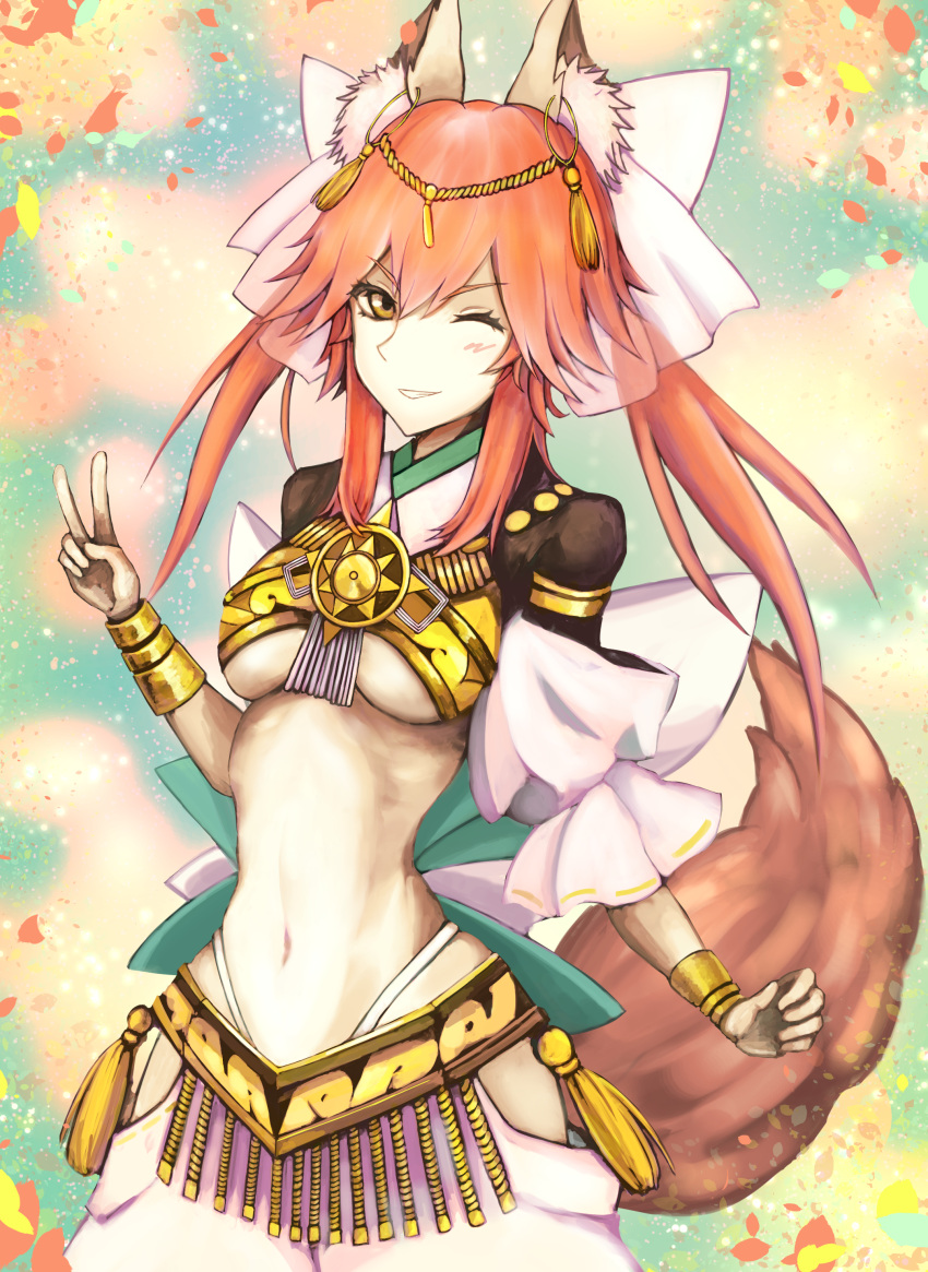 1girl absurdres animal_ears blush breasts caster_(fate/extra) fate/extra fate/extra_ccc fate/grand_order fate/stay_night fate_(series) fox_ears fox_tail hair_ribbon highres kaze_minoru_so-ru long_hair looking_at_viewer navel one_eye_closed open_mouth pink_hair ribbon solo tail twintails under_boob v yellow_eyes
