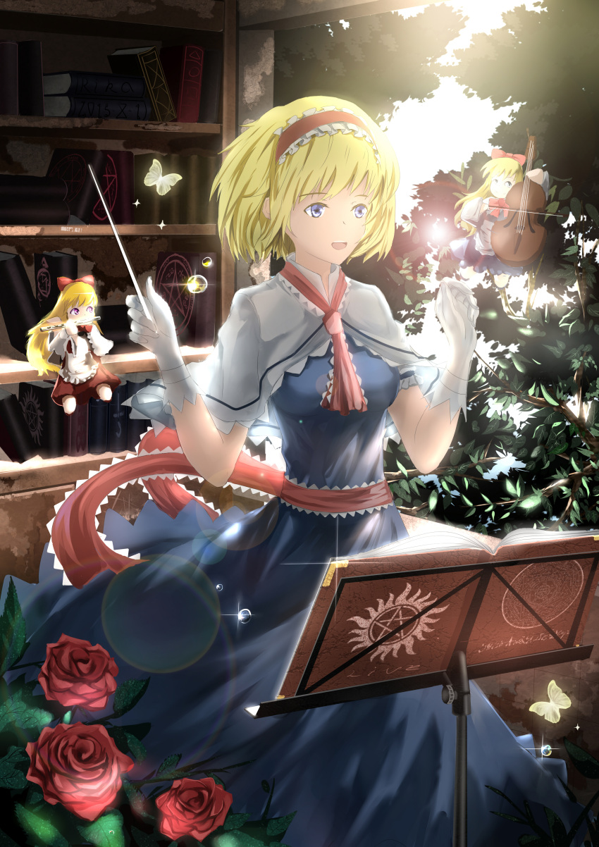 1girl absurdres alice_margatroid artist_request ascot blonde_hair blue_eyes bookshelf bow butterfly capelet dew_drop flower flute gloves hair_bow hairband highres instrument long_hair open_mouth playing_instrument rose sash shanghai_doll sheet_music short_hair touhou violet_eyes violin water_drop