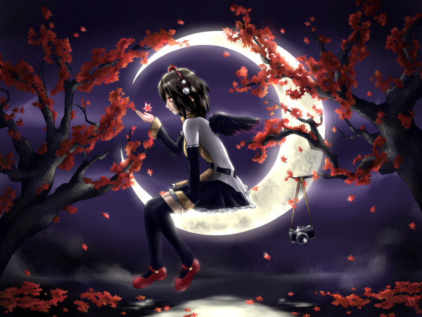 1girl autumn_leaves black_hair black_legwear black_wings camera commentary_request crescent_moon hat hweggi mary_janes moon night profile red_eyes red_shoes shameimaru_aya shoes short_hair solo thigh-highs tokin_hat touhou wings