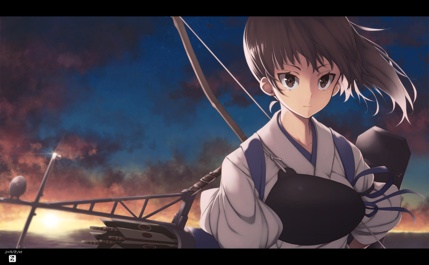 1girl arm_guards bow bow_(weapon) breastplate brown_eyes brown_hair collarbone dated expressionless glint highres horizon japanese_clothes kaga_(kantai_collection) kantai_collection letterboxed machinery mku muneate ocean short_sleeves side_ponytail solo sunset upper_body water weapon