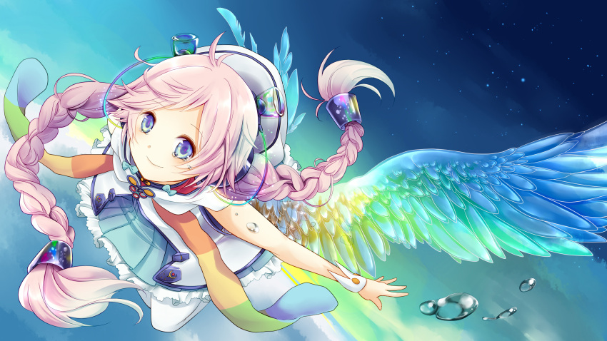 1girl absurdres bangs blue_eyes blush bow braid clouds dress flying_sweatdrops from_above hair_ornament hair_tubes headphones highres hood hoodie jewelry kuro_(pixiv213382) long_hair outdoors outstretched_arms pantyhose pink_hair rana_(vocaloid) sky sleeveless smile solo star_(sky) swept_bangs tears transparent twin_braids very_long_hair vocaloid water_drop white_legwear wings wrist_cuffs