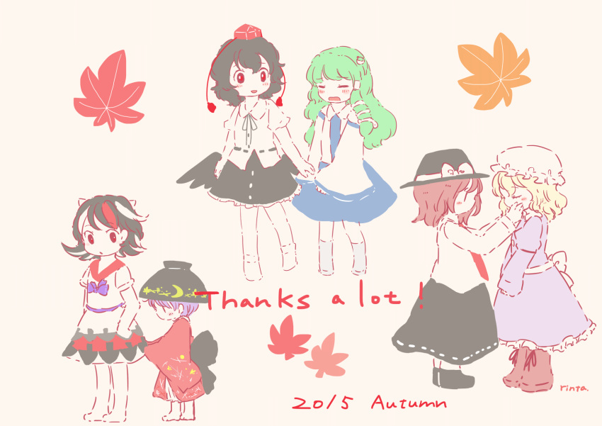 2015 6+girls autumn barefoot black_hair black_shoes black_skirt black_wings blonde_hair blue_legwear blue_skirt blush boots bow bowl_hat brown_boots brown_hair closed_eyes collared_shirt detached_sleeves dress dress_tug english frilled_dress frills frog_hair_ornament from_side green_hair hair_ornament hair_tubes hands_on_another's_face hat hat_bow height_difference highres holding_hand horns japanese_clothes kijin_seija kimono kochiya_sanae leaf light_smile long_hair long_skirt long_sleeves looking_down maple_leaf maribel_hearn mob_cap multiple_girls necktie obi open_mouth pink_background purple_dress purple_hair red_eyes red_necktie red_pupils redhead ribbon rin_tarou sad sash shameimaru_aya shirt shoes short_dress short_hair short_sleeves signature simple_background skirt sleeveless snake_hair_ornament socks standing sukuna_shinmyoumaru tokin_hat touhou usami_renko white_dress white_hair white_legwear wings