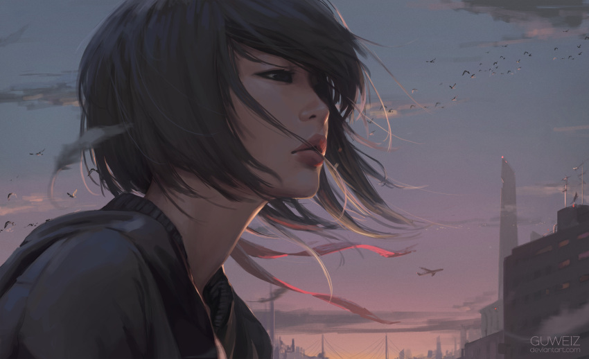 1girl animal bird black_eyes black_feathers black_hair black_jacket building cityscape close-up face flock from_side guweiz highres jacket lips original outdoors parted_lips ribbon short_hair skyscraper solo sunset wind