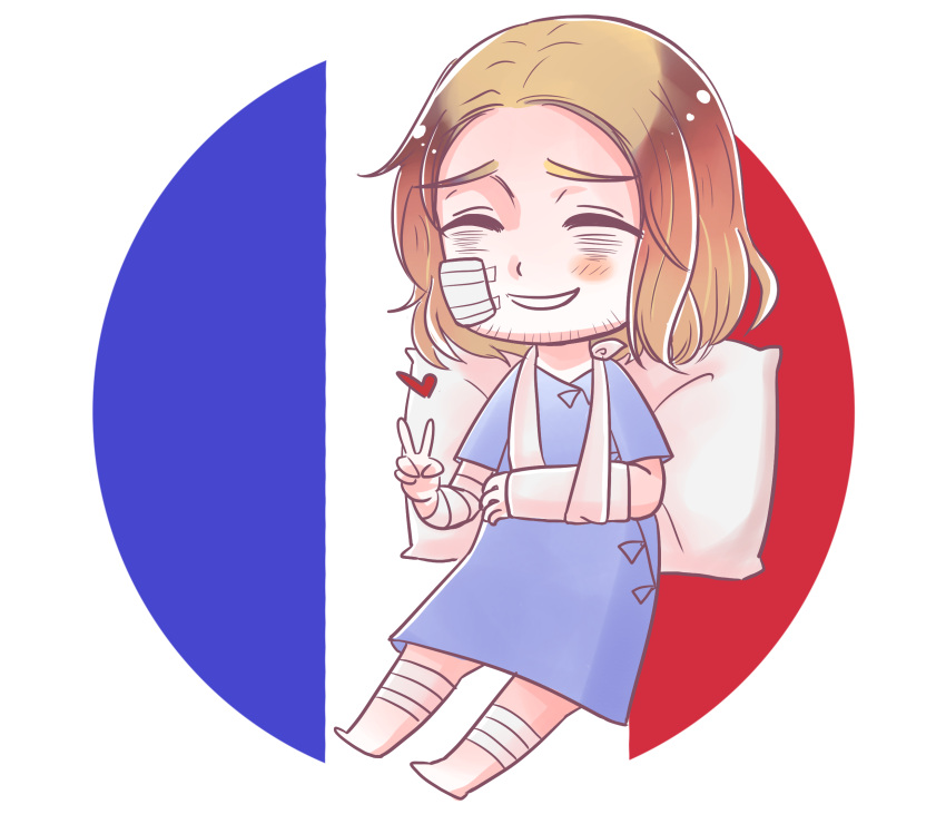 1boy axis_powers_hetalia bandage_on_face bandages blonde_hair cast closed_eyes commentary facial_hair france_(hetalia) french_flag heart highres injury malikui open_mouth pillow smile solo v
