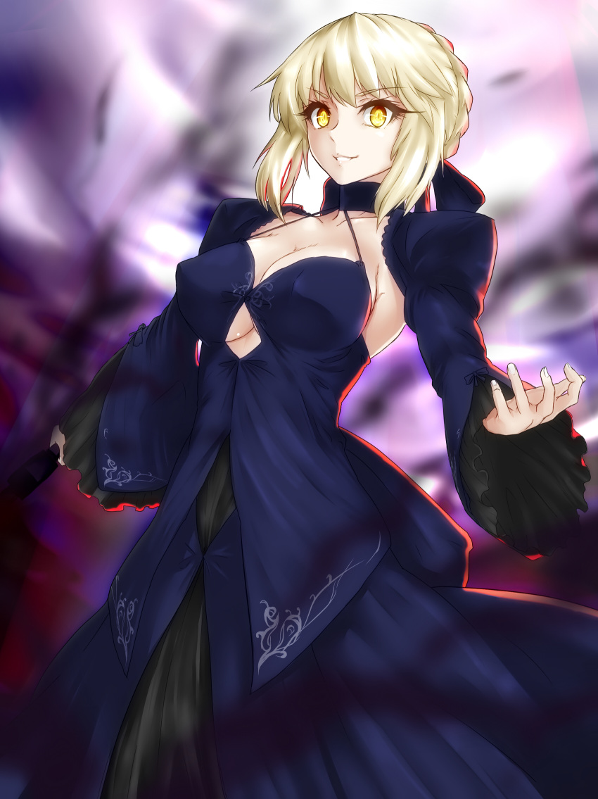 &gt;:) 1girl braid breasts cleavage dress fate/grand_order fate/stay_night fate_(series) grin hair_up highres large_breasts looking_at_viewer minarai_tenna ribbon saber saber_alter short_hair smile solo yellow_eyes