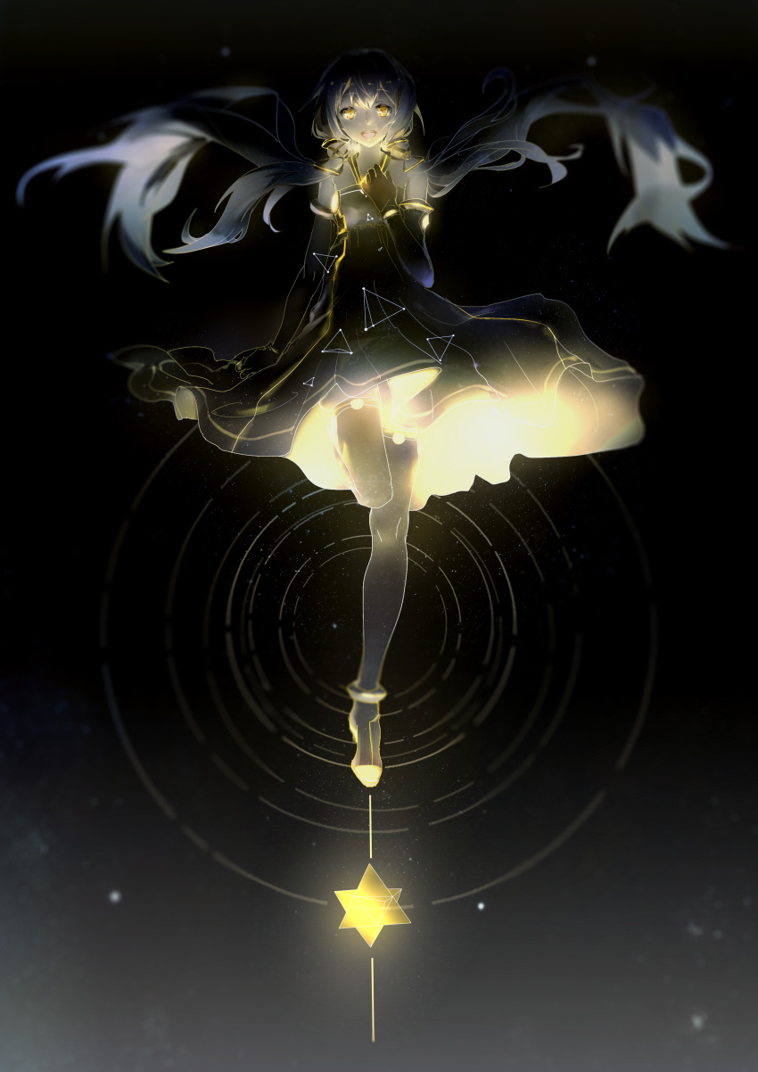 1girl absurdres backlighting bare_shoulders black_legwear constellation dress fingerless_gloves floating_hair full_body gloves glowing glowing_eyes hair_ornament highres looking_at_viewer quad_tails sleeveless sleeveless_dress solo space standing_on_one_leg starry_sky_print thigh-highs tiptoes triangle upskirt vocaloid vocanese xingchen yellow_eyes yyb