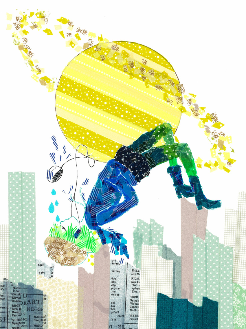 1girl abstract abstract_background absurdres black_shorts blue_boots blue_jacket boots brown_hat cd_player closed_eyes closed_mouth commentary_request earphones from_side full_body green_hair green_pants gumi hands_in_pockets hat high_heel_boots high_heels highres hood hooded_jacket jacket leggings masking_tape_(medium) mixed_media pants pants_under_skirt partial_commentary planet planetary_ring poncho_(ponpontyo_8) profile short_hair shorts skyline solo song_request traditional_media unconventional_media upside-down vocaloid water_drop