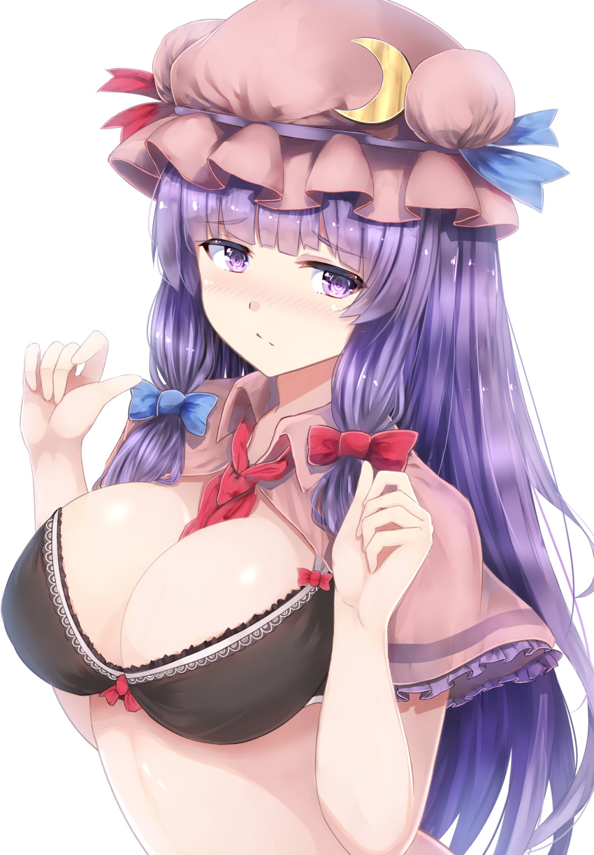 1girl backlighting between_breasts black_bra blush bra breasts capelet cleavage crescent hair_ribbon hat highres large_breasts long_hair looking_at_viewer mob_cap necktie necktie_between_breasts patchouli_knowledge purple_hair ribbon solo touhou tress_ribbon underwear underwear_only upper_body very_long_hair violet_eyes wowoguni