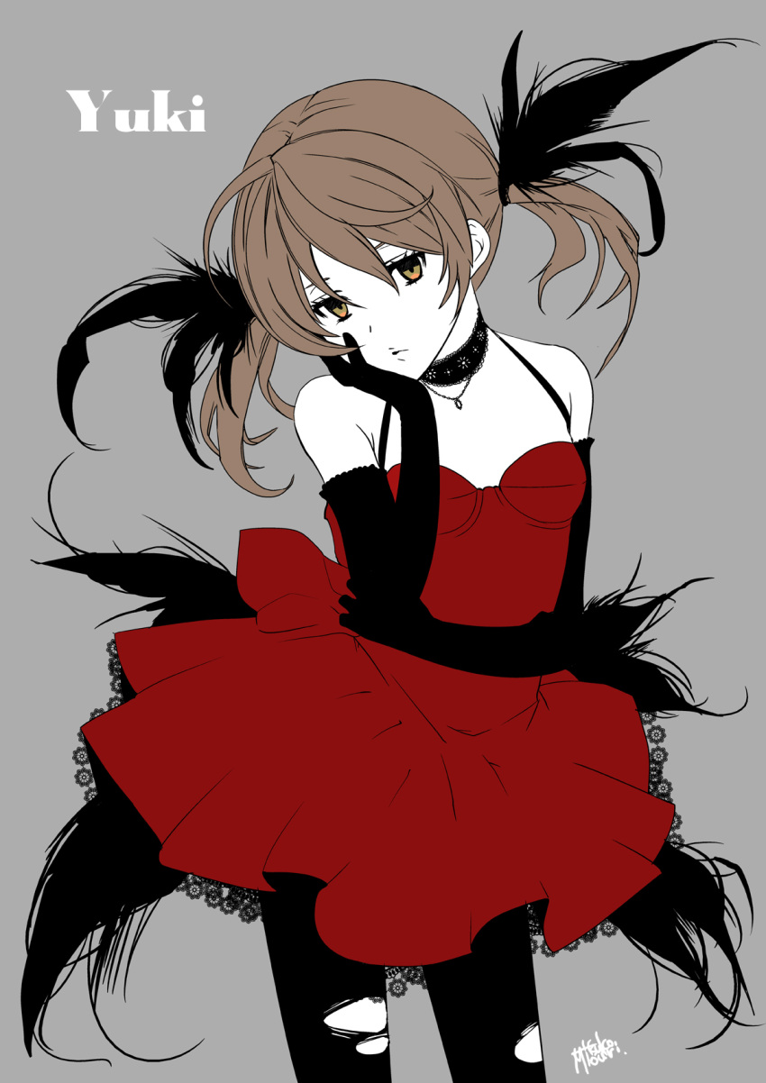 1girl bangs black_gloves black_legwear brown_eyes brown_hair character_name cowboy_shot dress feathers gloves grey_background hair_feathers hair_ornament hand_on_own_cheek hand_on_own_face highres kaai_yuki lace-trimmed_dress long_hair mouri necktie pantyhose red_dress simple_background sketch solo torn_clothes torn_pantyhose twintails vocaloid white_skin