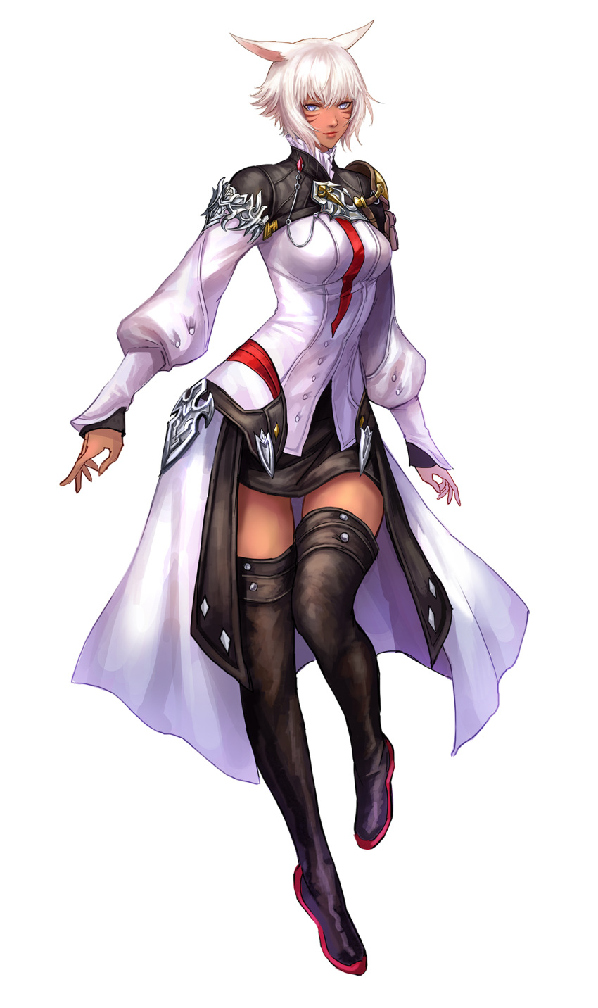 1girl animal_ears blue_eyes boots breasts cat_ears dark_skin facial_mark final_fantasy final_fantasy_xiv full_body highres large_breasts long_sleeves looking_at_viewer miqo'te pengnangehao short_hair simple_background smile solo thigh-highs thigh_boots white_background y'shtola zettai_ryouiki