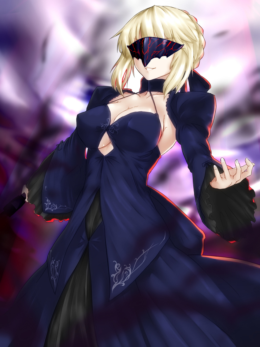&gt;:) 1girl braid breasts cleavage dress fate/grand_order fate/stay_night fate_(series) grin hair_up highres large_breasts mask minarai_tenna ribbon saber saber_alter short_hair smile solo