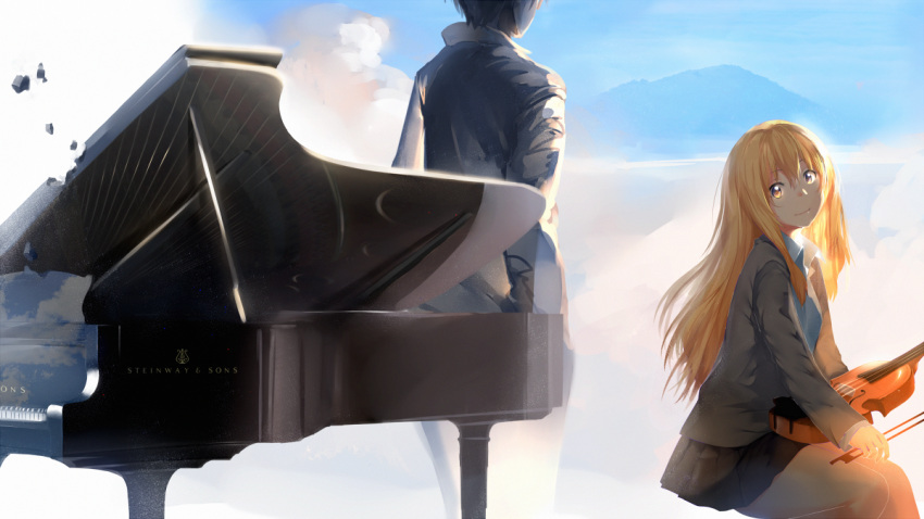 1boy 1girl arima_kousei black_hair black_skirt blonde_hair head_tilt hews_hack instrument jacket light_smile logo long_hair looking_at_viewer miyazono_kawori open_clothes open_jacket piano reflection shigatsu_wa_kimi_no_uso sitting skirt standing steinway_&amp;_sons violin yellow_eyes