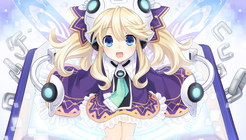 1girl absurdres blonde_hair blue_eyes blush book chain game_cg hair_ornament highres histoire necktie neptune_(series) official_art smile solo tsunako twintails wings