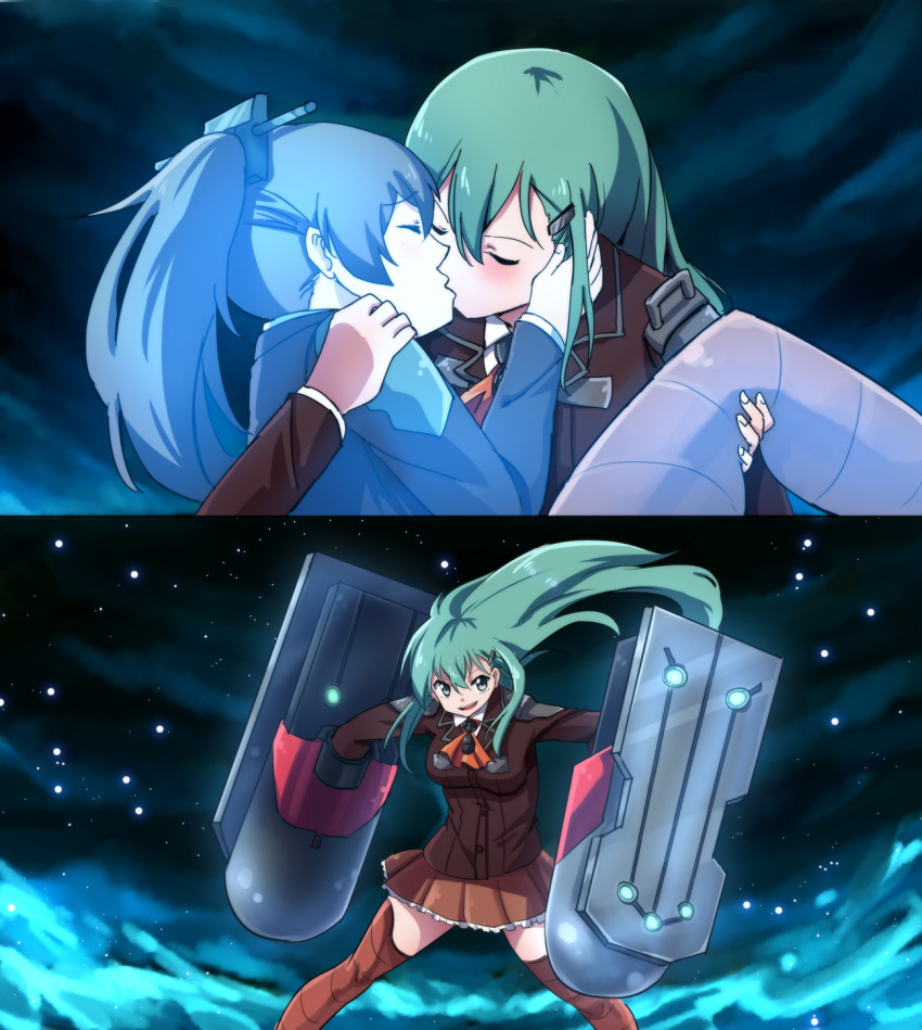 2girls alternate_weapon ascot blush breasts brown_legwear carrying closed_eyes commentary_request flight_deck glowing green_eyes green_hair hair_ornament hairclip hand_on_another's_cheek hand_on_another's_face highres jacket kantai_collection kiss kumano_(kantai_collection) long_hair looking_at_viewer machinery multiple_girls open_mouth parody pleated_skirt ponytail princess_carry rayno school_uniform skirt smile suzuya_(kantai_collection) thigh-highs valkyrie_drive weapon yuri