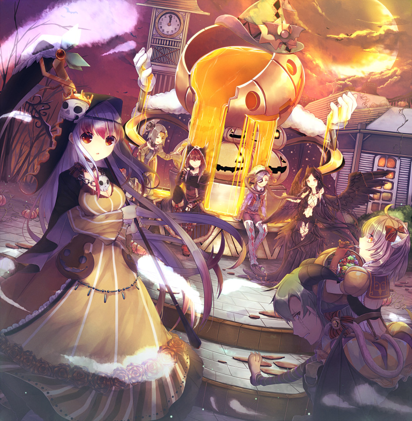 3girls 4boys ahoge animal_ears animal_hood aoi_koto_madoka bare_tree bike_shorts black_hair black_wings boots bow breasts brown_boots cape cat_ears cat_tail chain cleavage clenched_teeth clock clock_tower crown cup demon_wings dress drinking_glass dutch_angle earrings fountain full_moon gloves green_hair grey_hair hair_bow hair_ornament hair_over_one_eye halloween hat highres holding hood horns house jester_cap jewelry knee_boots long_sleeves moon multiple_boys multiple_girls original outdoors parted_lips piggyback profile puffy_sleeves purple_hair red_eyes redhead ribbon roman_numerals scythe sitting skull_hair_ornament skull_necklace striped striped_dress striped_legwear tail tail_ribbon thigh-highs tower tree vines window wine_glass wings yellow_eyes