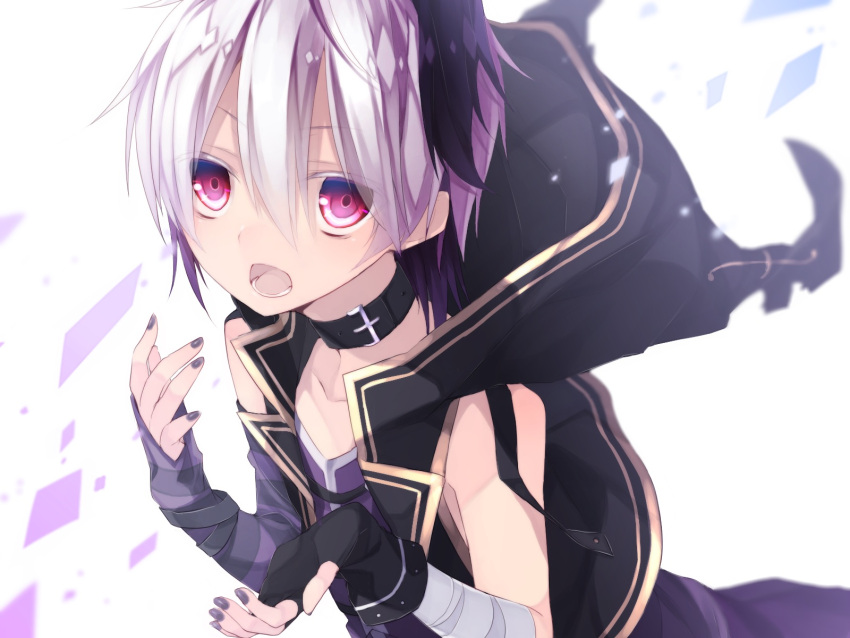 1girl androgynous bandages bare_shoulders black_gloves black_hair collarbone fingerless_gloves flat_chest flower_(vocaloid) from_above gloves hair_between_eyes highres hoodie looking_at_viewer looking_up multicolored_hair nail_polish open_mouth pink_eyes pink_hair purple_nails simple_background solo two-tone_hair upper_body vocaloid white_background xiao_(pixiv4032523)