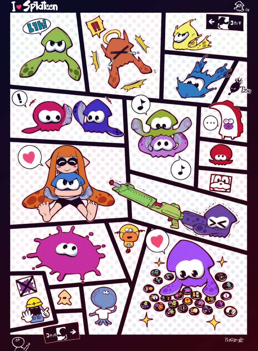 1girl barefoot bike_shorts buttons denchinamazu domino_mask exit_sign feet helmet highres inkling mask octarian pointy_ears sign soles splatoon squid super_soaker tentacle_hair toes yoshida_inuhito