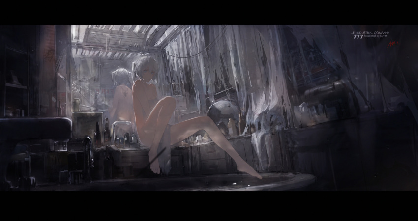 1girl bath blue_eyes covering highres mivit nude original short_hair sitting solo towel twintails white_hair