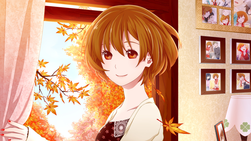 1girl alternate_costume autumn autumn_leaves bangs brown_eyes brown_hair closed_mouth clover curtains floral_print frame indoors jirou_(asami0512jump) lamp long_sleeves looking_at_viewer master meiko nail_polish orange_eyes photo_(object) red_nails short_hair sky smile solo upper_body vocaloid wind