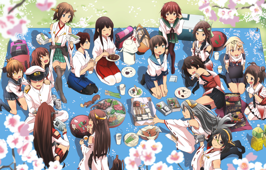 6+girls :d ^_^ admiral_(kantai_collection) akagi_(kantai_collection) antenna_hair black_eyes black_hair blonde_hair blurry bow brown_eyes brown_hair camcorder cherry_blossoms closed_eyes commentary_request depth_of_field detached_sleeves double_bun drooling folded_ponytail food forehead_protector fubuki_(kantai_collection) glasses grey_hair hair_bow hair_ornament hair_ribbon hairclip hakama hanami haruna_(kantai_collection) hat hiei_(kantai_collection) highres holding ikazuchi_(kantai_collection) inazuma_(kantai_collection) japanese_clothes jintsuu_(kantai_collection) kaga_(kantai_collection) kantai_collection kikyou_(kiss-shot) kirishima_(kantai_collection) kongou_(kantai_collection) lobster long_hair military military_uniform multiple_girls mutsuki_(kantai_collection) naka_(kantai_collection) naval_uniform nontraditional_miko obentou onigiri open_mouth peaked_cap pleated_skirt ponytail ribbon sandwich scarf school_uniform seiza sendai_(kantai_collection) serafuku short_hair sitting skirt sleeping smile squirrel sweat uniform vector_trace wariza yakisoba yamato_(kantai_collection) yuudachi_(kantai_collection)