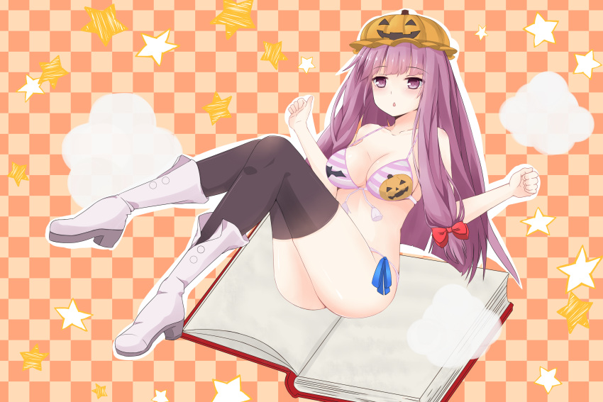 1girl black_legwear blank_page blush book bow bra breasts checkered checkered_background chestnut_mouth clouds collarbone floating hair_bow hands_up highres long_hair open_book patchouli_knowledge platform_footwear pumpkin_hat purple_hair ribbon solo star string_panties striped striped_bra surota thigh-highs touhou underwear very_long_hair violet_eyes