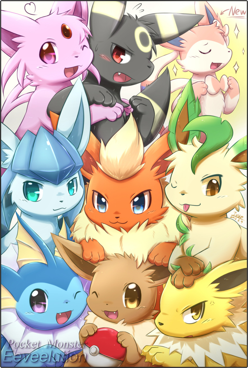 anger_vein blue_eyes brown_eyes closed_eyes eevee espeon flareon glaceon heart highres ivan_(ffxazq) jolteon leafeon looking_at_viewer no_humans one_eye_closed open_mouth pink_eyes poke_ball pokemon pokemon_(creature) red_eyes smile sylveon umbreon vaporeon violet_eyes yellow_eyes