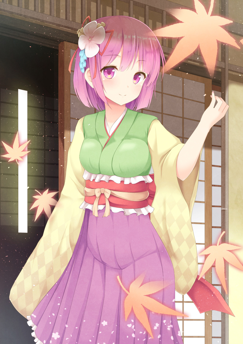1girl autumn_leaves bow building checkered_sleeves falling_leaves flower hair_flower hair_ornament hair_ribbon hieda_no_akyuu highres japanese_clothes kimono leaf looking_at_viewer maple_leaf orange_ribbon outdoors pen-zin pink_eyes pink_hair red_ribbon ribbon sash short_hair sliding_doors smile solo standing touhou wide_sleeves