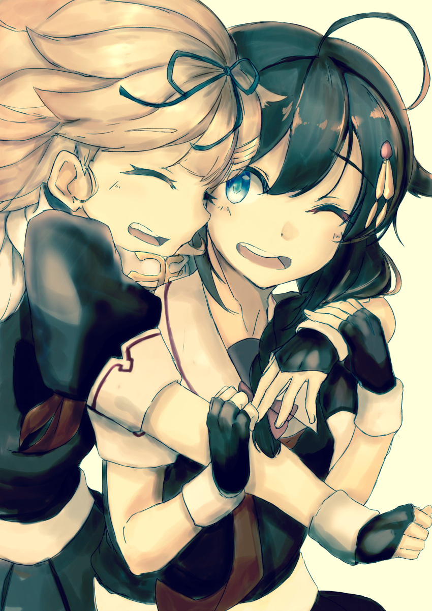 2girls absurdres ahoge artist_request black_hair blonde_hair blue_eyes commentary_request fingerless_gloves gloves hair_flaps hair_ornament hairclip highres kantai_collection multiple_girls necktie remodel_(kantai_collection) scarf school_uniform serafuku shigure_(kantai_collection) smile white_scarf yuudachi_(kantai_collection)