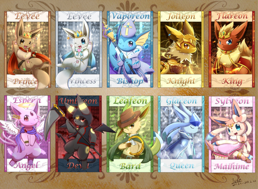 blue_eyes brown_eyes character_name closed_eyes crown dated eevee espeon flareon glaceon halo highres ivan_(ffxazq) jolteon leafeon no_humans one_eye_closed pokemon pokemon_(creature) red_eyes scythe smile sylveon umbreon vaporeon violet_eyes wings yellow_eyes