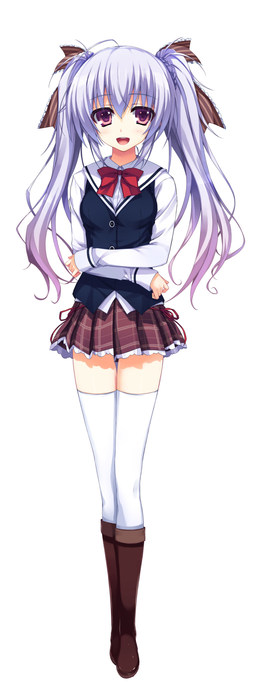 1girl absurdres blush boots crossed_arms full_body highres knee_boots lavender_hair long_hair long_sleeves looking_at_viewer open_mouth pleated_skirt reminiscence ribbon school_uniform shimazu_aki simple_background skirt smile thigh-highs tomose_shunsaku transparent_background twintails violet_eyes white_legwear zettai_ryouiki