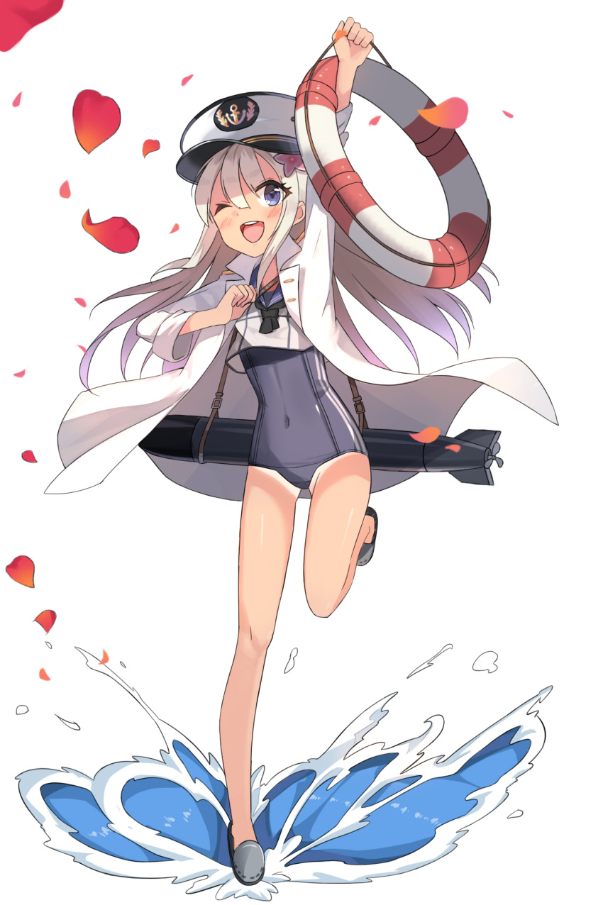 1girl blue_eyes flower ginon_(sjyh3466) hair_flower hair_ornament hat highres jacket kantai_collection lifebuoy long_hair one_eye_closed open_mouth peaked_cap petals ro-500_(kantai_collection) solo swimsuit tan tanline torpedo