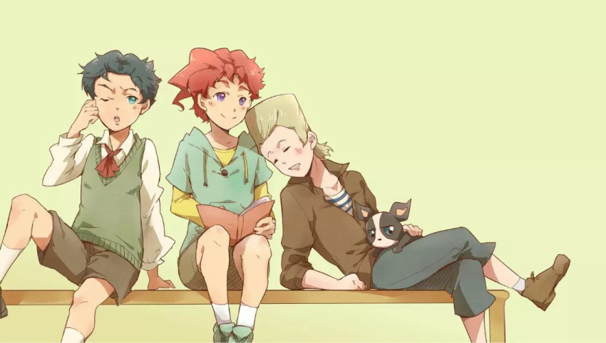 animal_on_lap bench black_hair blue_eyes book closed_eyes crossed_legs dog hoodie iggy_(jojo) jean_pierre_polnareff jojo_no_kimyou_na_bouken jpeg_artifacts kakyouin_noriaki kuujou_joutarou neck_ribbon one_eye_closed open_mouth pink_hair ribbon shirt shorts silver_hair sleeping striped striped_shirt sweater_vest touming_renjian violet_eyes younger