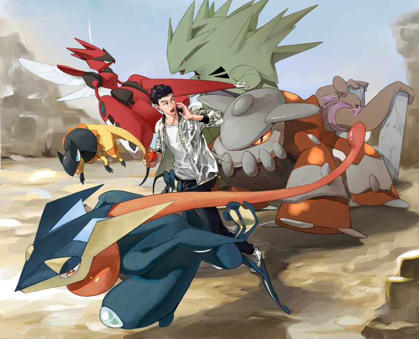 1boy black_eyes black_hair black_pants blue_eyes conkeldurr greninja heatran heliolisk highres holding holding_poke_ball mega_pokemon mega_scizor nazgul_(5511474) open_mouth orange_eyes pants poke_ball pokemon pokemon_(creature) scizor shoes sneakers spikes tail tongue tyranitar wings