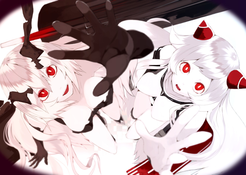 2girls airfield_hime anchorage_hime breasts cleavage gloves highres horns houmatu_awa kantai_collection large_breasts long_hair multiple_girls red_eyes shinkaisei-kan white_hair