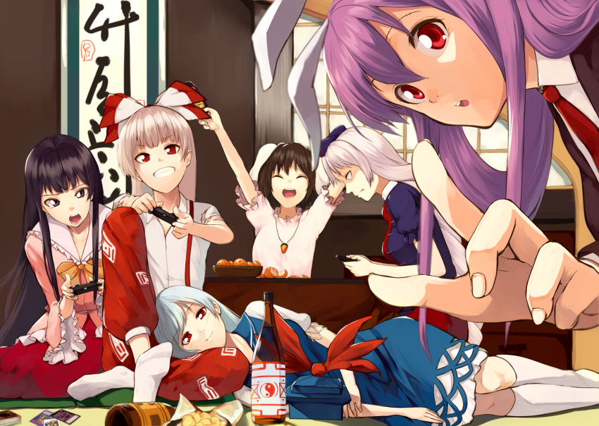 6+girls :d ^_^ animal_ears arms_up bangs black_eyes black_hair blazer blouse blue_dress blue_eyes blue_hair bottle bow bowl bowtie braid card closed_eyes closed_mouth controller dress food frilled_sleeves frills frown fruit fujiwara_no_mokou game_controller grin hair_bow hanging_scroll happy hat hat_removed headwear_removed highres holding houmatu_awa houraisan_kaguya inaba_tewi indoors jewelry kamishirasawa_keine kotatsu lap_pillow long_hair long_sleeves looking_at_viewer lying mandarin_orange multiple_girls necktie no_shoes ofuda on_side open_mouth pants parted_lips pendant pink_dress playing_games purple_hair rabbit_ears red_bow red_eyes red_necktie red_pants red_skirt reisen_udongein_inaba ribbon sake_bottle shirt short_hair short_sleeves shouji silver_hair sitting skirt sliding_doors smile socks suspenders table teeth touhou very_long_hair white_legwear white_shirt wide_sleeves window yagokoro_eirin yellow_bow yellow_bowtie yin_yang yokozuwari yuu-gi-ou