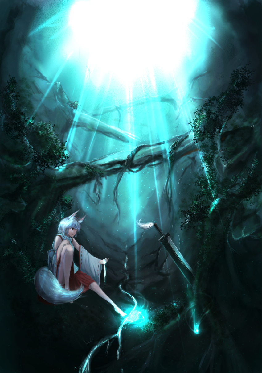 1girl animal_ears barefoot detached_sleeves expressionless highres homo_1121 inubashiri_momiji legs light light_particles light_rays long_legs night red_eyes red_skirt revision ribbon-trimmed_sleeves ribbon_trim shiny shiny_hair short_hair silver_hair sitting skirt sleeveless solo sword tail thighs touhou tree turtleneck vines water weapon wolf_ears wolf_tail
