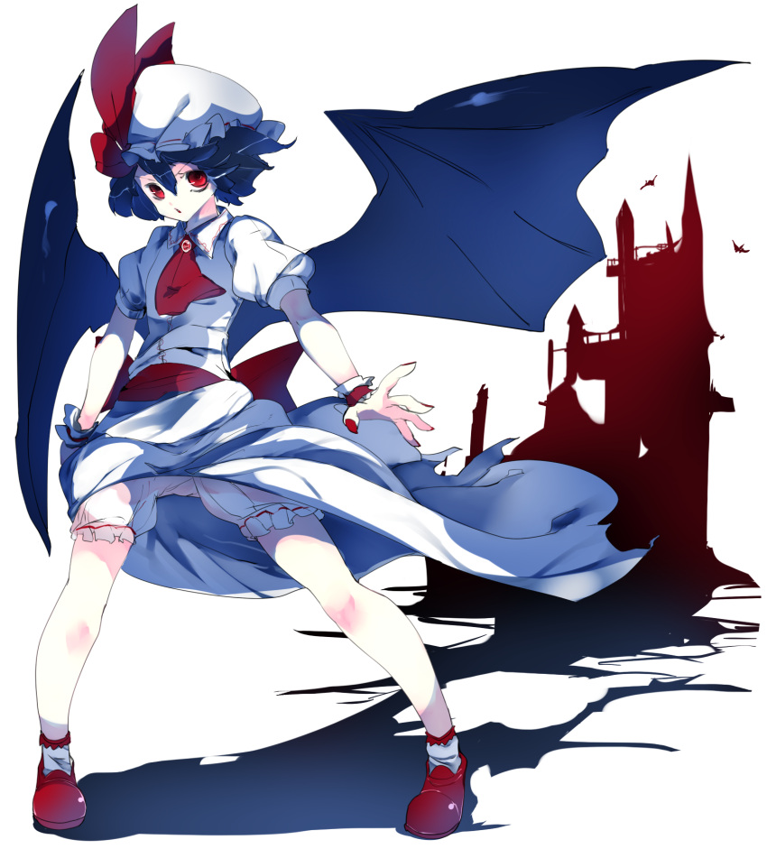 1girl ascot bat_wings bloomers blue_hair bow brooch dress dress_lift hat hat_bow highres ikurauni jewelry looking_up mob_cap nail_polish open_hand puffy_short_sleeves puffy_sleeves red_eyes red_nails red_shoes remilia_scarlet ribbon-trimmed_bloomers scarlet_devil_mansion serious shadow shoes short_sleeves simple_background socks solo spread_legs stance touhou underwear white_background white_dress white_legwear wind wings wrist_cuffs