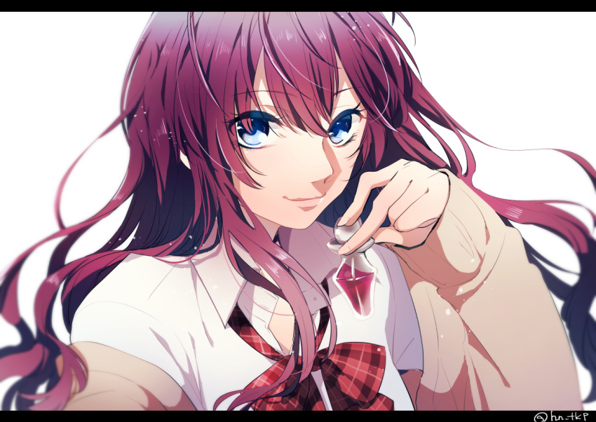 1girl bangs blue_eyes bottle bow bowtie cardigan closed_mouth collared_shirt dress_shirt eyebrows eyebrows_visible_through_hair holding ichinose_shiki idolmaster idolmaster_cinderella_girls letterboxed long_hair long_sleeves looking_at_viewer off_shoulder perfume_bottle plaid plaid_bow plaid_bowtie portrait purple_hair school_uniform shirt simple_background sleeves_past_wrists smile solo tokiji white_background white_shirt