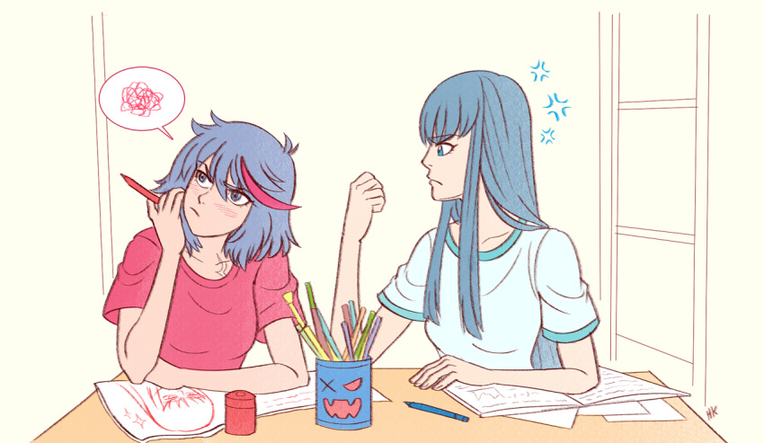 anger_vein art_supplies blue_eyes blush can drawing herokick kill_la_kill kiryuuin_satsuki matoi_ryuuko multicolored_hair paper pencil raised_fist scar senketsu streaked_hair thinking