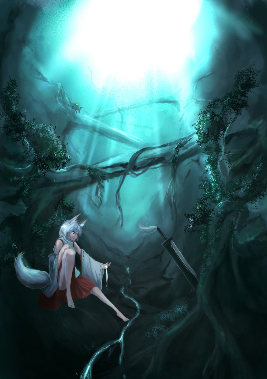 1girl absurdres animal_ears barefoot detached_sleeves expressionless highres homo_1121 inubashiri_momiji legs light long_legs night red_eyes red_skirt ribbon-trimmed_sleeves ribbon_trim shiny shiny_hair short_hair silver_hair sitting skirt sleeveless solo sword tail thighs touhou tree turtleneck vines water weapon wolf_ears wolf_tail
