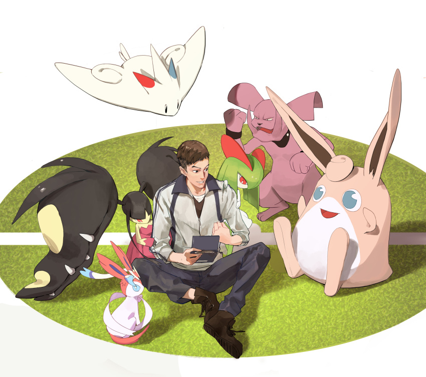1boy absurdres blue_eyes brown_hair brown_shoes clenched_hand granbull handheld_game_console highres jacket kirlia mawile mega_mawile mega_pokemon nazgul_(5511474) nintendo_ds pokemon pokemon_(creature) shoes sitting smile sylveon togekiss wigglytuff