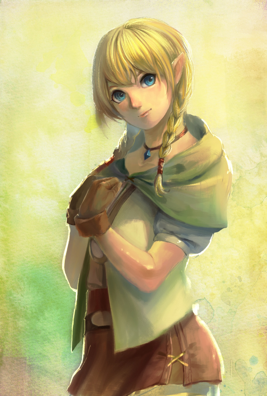 1girl belt blonde_hair blue_eyes braid brown_gloves brown_skirt cape choker collarbone cowboy_shot gloves gradient gradient_background green_background hands_on_own_chest head_tilt highres jewelry light_smile linkle looking_at_viewer matcho pendant pointy_ears puffy_short_sleeves puffy_sleeves short_sleeves simple_background skirt smile solo standing twin_braids zelda_musou