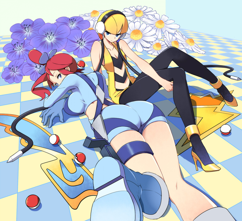 2girls ankle_cuffs badge bangs blonde_hair blue_eyes blunt_bangs boots breasts cable checkered checkered_floor cleavage flower fuuro_(pokemon) gym_leader gym_leader_badge hair_bun hair_ornament high_heels highres kamitsure_(pokemon) large_breasts long_hair lying multiple_girls on_stomach pants poke_ball pokemon pokemon_(game) pokemon_bw redhead shadow shorts sitting sleeveless small_breasts suspenders thigh_strap tm_(hanamakisan)