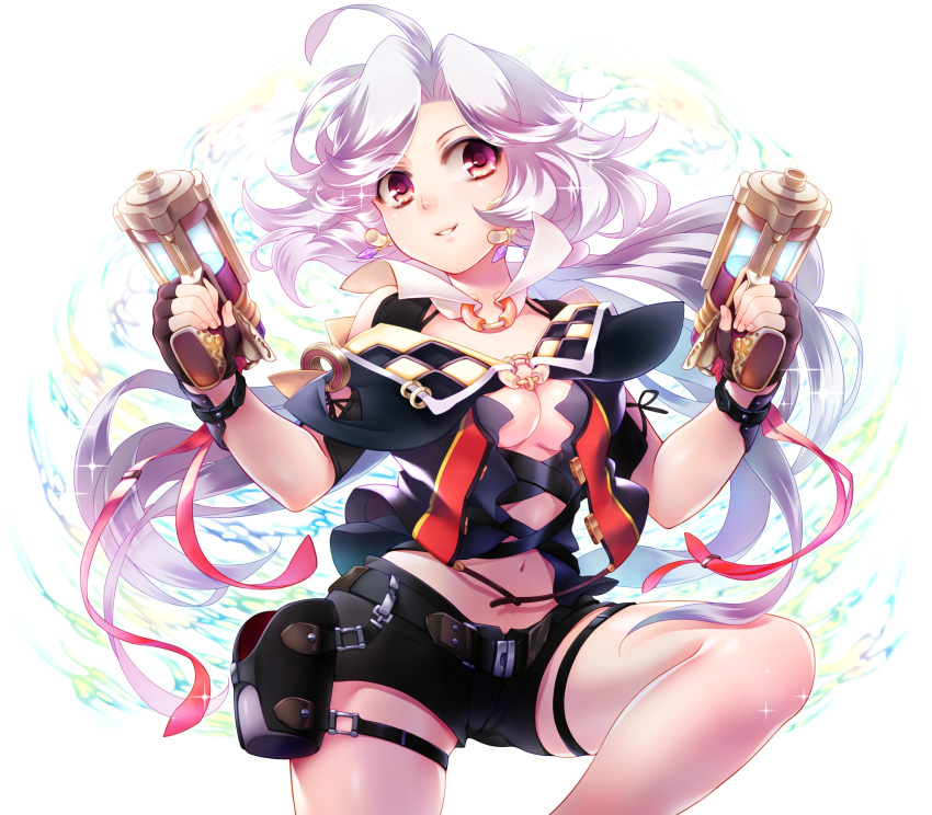 1girl amase_(pixiv10051640) breasts brown_eyes cleavage dual_wielding earrings fingerless_gloves gloves highres jewelry lavender_hair long_hair low_twintails navel original parted_lips pouch short_shorts shorts smile solo sparkle ten_kurairakon_teikoku-gun thigh_strap twintails very_long_hair weapon
