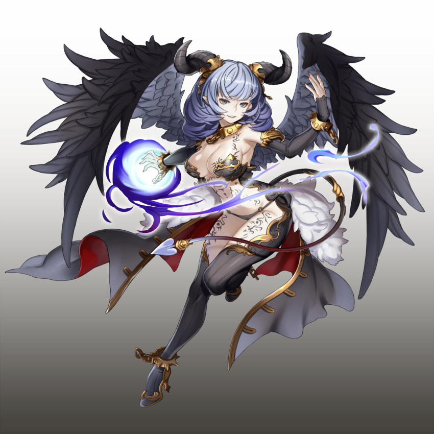 1girl blue_eyes blue_hair body_writing breasts chain cleavage collar demon_girl demon_tail detached_sleeves fantasy feathered_wings full_body gold high_heels highres horns magic original parted_lips pointy_ears smile solo tail tattoo thigh-highs wings youcapriccio