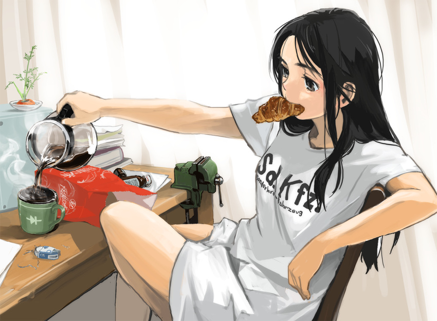 1girl akai_sashimi bag black_eyes black_hair book carrot chair coffee croissant crossed_legs cup curtains eraser food_in_mouth kettle long_hair mouth_hold mug original overflow paper plant revision shirt sitting solo steam t-shirt table vise
