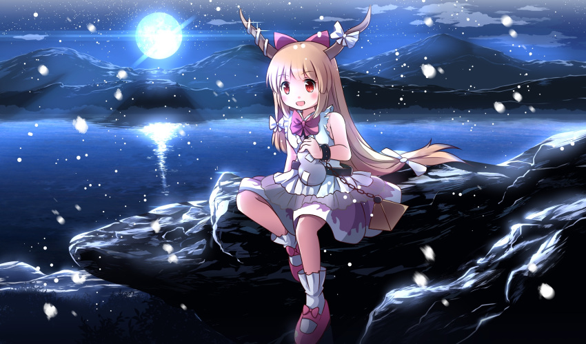 1girl bare_arms bare_shoulders blonde_hair bow chain commentary_request cuffs full_moon gourd hair_bow highres ibuki_suika lake long_hair low-tied_long_hair moon mountain oni_horns open_mouth red_eyes reflection risutaru shackles shirt sitting skirt sky sleeveless sleeveless_shirt smile snowing solo star_(sky) starry_sky touhou very_long_hair weights winter