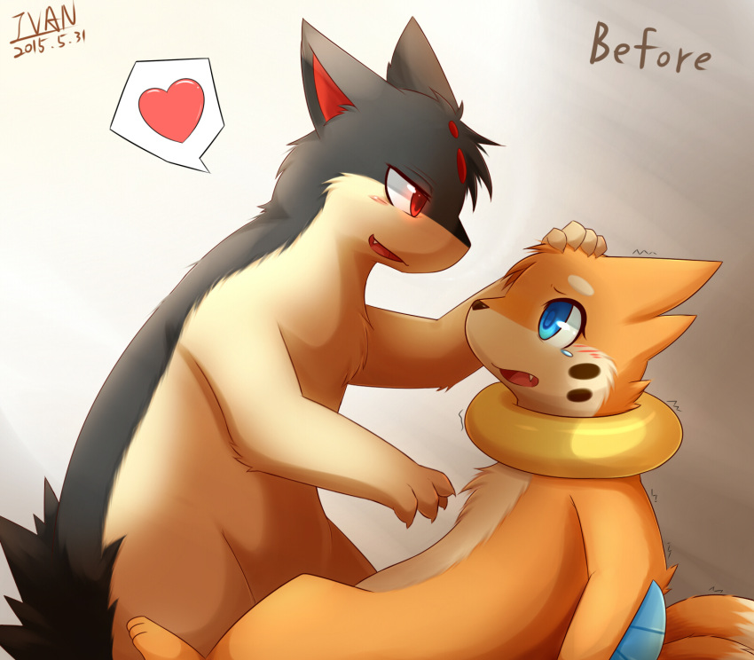 artist_name blue_eyes blush buizel dated eye_contact hand_on_another's_head heart highres ivan_(ffxazq) looking_at_another no_humans open_mouth pokemon pokemon_(creature) quilava red_eyes smile spoken_heart tears trembling