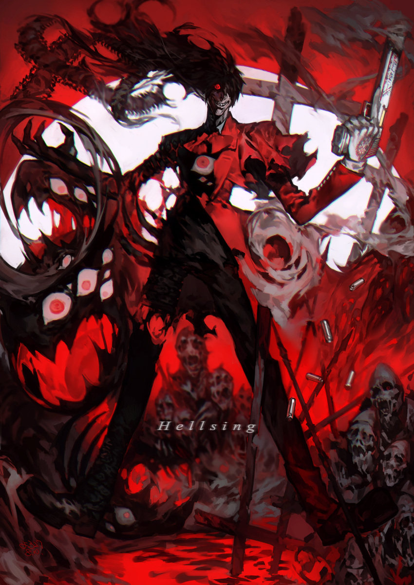 1boy alucard_(hellsing) black_hair coat copyright_name cross eyes floating gloves glowing glowing_eyes grin gun hellsing highres long_hair looking_at_viewer male_focus print_gloves red_coat red_eyes sharp_teeth shell_casing single_glove smile torn_clothes weapon white_gloves yotsuyu