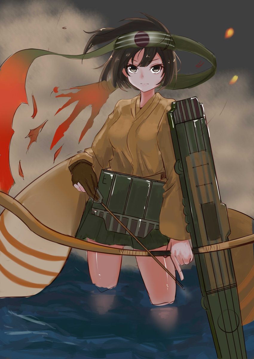 1girl absurdres arrow bow_(weapon) breasts brown_eyes brown_hair clouds cloudy_sky flight_deck headband highres hiryuu_(kantai_collection) japanese_clothes kantai_collection long_sleeves ocean partially_submerged quiver remodel_(kantai_collection) short_hair side_ponytail single_glove skirt sky slm water weapon yugake